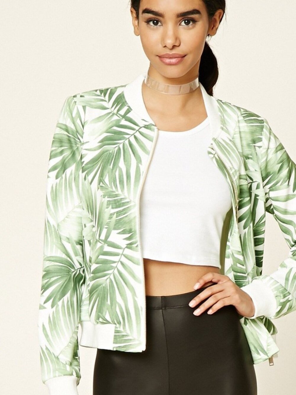 Forever 21 Cream Green Foliage Print Bomber Jacket Small S